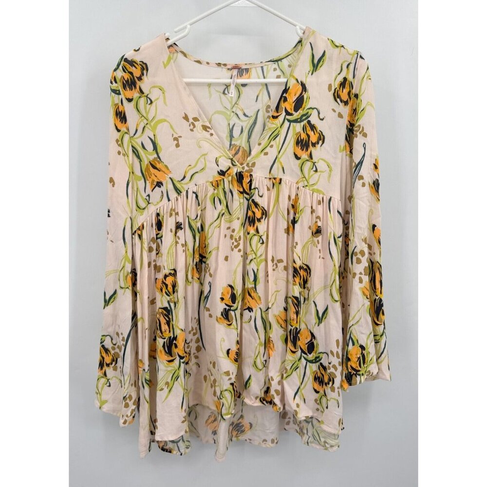 Free People Bella White and Yellow Floral Bell Sleeve Boho Tunic Swing Blouse XS